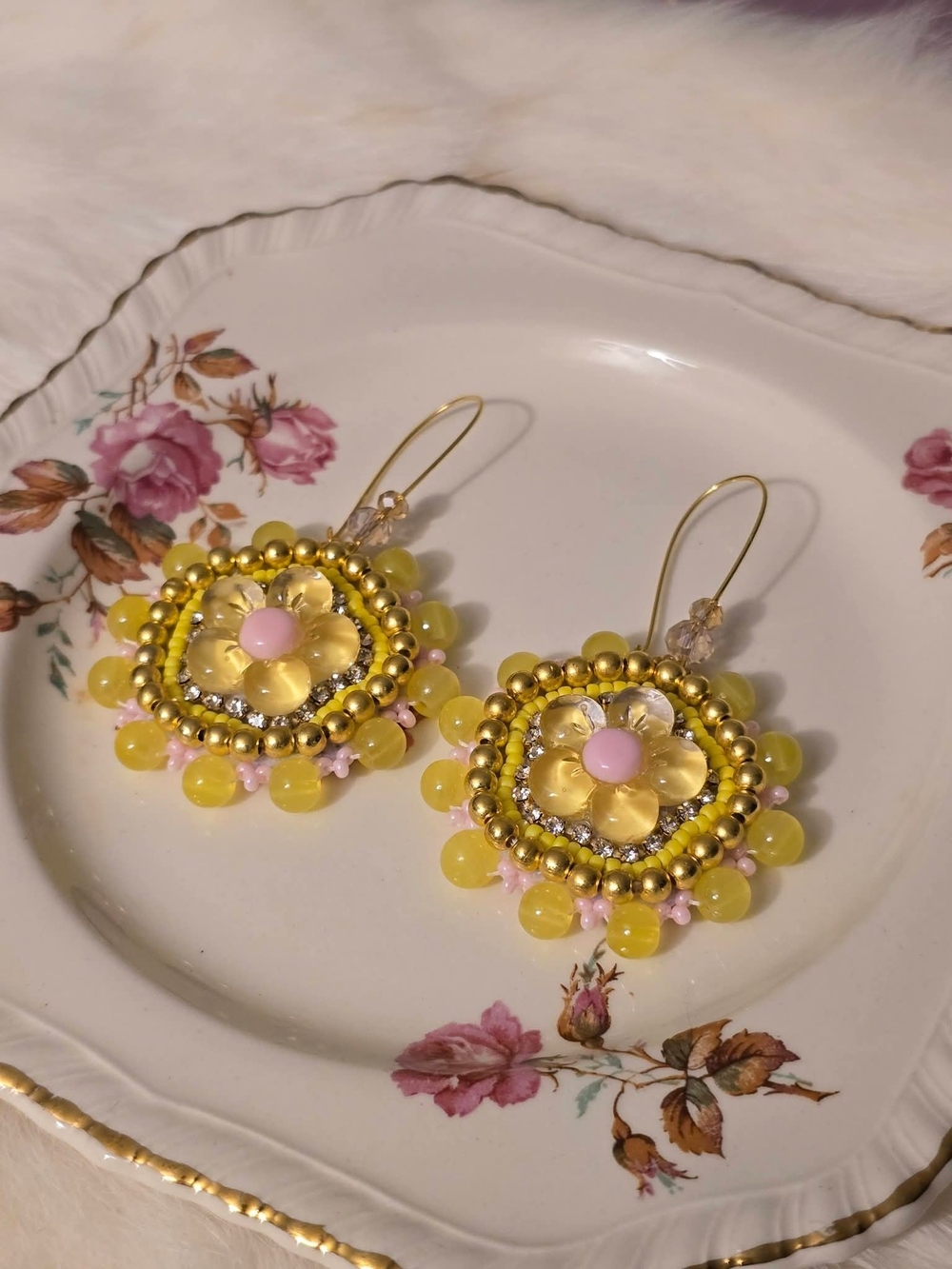 Handmade Yellow & Pink Beaded Floral Earrings